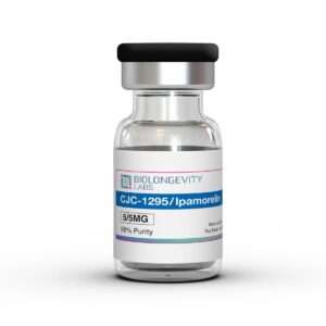 The World's Most Advanced Research Peptides and Bioregulators 83 Glass vial with sealed cap labeled CJC-1295 Ipamorelin Blend 10MG 99% Purity from Biolongevity Labs.