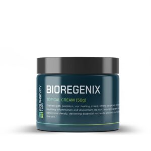 The World's Most Advanced Research Peptides and Bioregulators 136 Biolongevity Labs BIOREGENIX topical cream in a 50g teal jar with black lid. Label describes a healing cream for targeted relief, soothing inflammation, and delivering nutrients to the skin