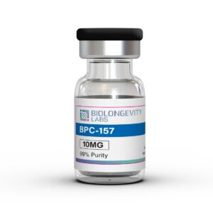 The World's Most Advanced Research Peptides and Bioregulators 84 Small glass vial with black cap labeled BPC-157 10MG 99% Purity from Biolongevity Labs.