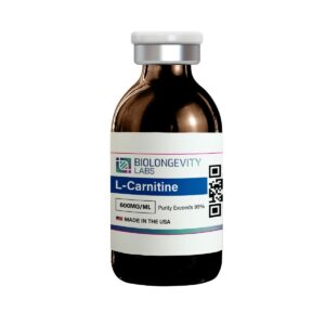 Amber glass vial of Biolongevity Labs L-Carnitine, 600MG/ML, with purity exceeding 99%, made in the USA.