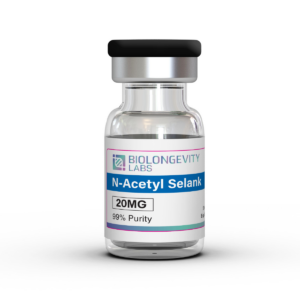 The World's Most Advanced Research Peptides and Bioregulators 77 Glass vial with rubber stopper labeled N-Acetyl Selank 20MG 99% Purity from Biolongevity Labs.