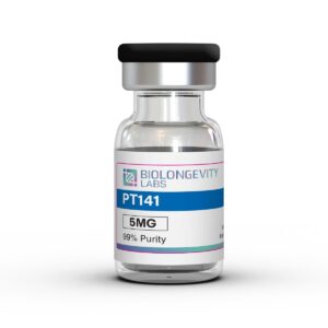 The World's Most Advanced Research Peptides and Bioregulators 81 Glass vial with composite cap labeled PT-141 5MG 99% Purity from Biolongevity Labs.