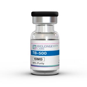 The World's Most Advanced Research Peptides and Bioregulators 93 Glass vial with dual-component cap labeled TB-500 10MG 99% Purity from Biolongevity Labs.