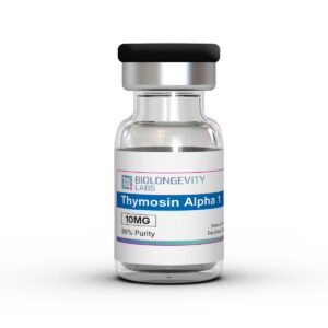 The World's Most Advanced Research Peptides and Bioregulators 95 Glass vial with pharmaceutical cap labeled Thymosin Alpha 1 10MG 99% Purity from Biolongevity Labs.