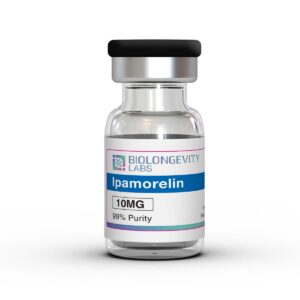 The World's Most Advanced Research Peptides and Bioregulators 89 Glass vial with protective cap labeled Ipamorelin 10MG 99% Purity from Biolongevity Labs.