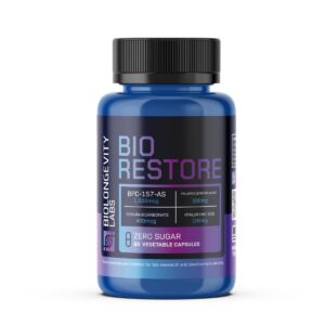The World's Most Advanced Research Peptides and Bioregulators 28 BIO RESTORE capsule bottle containing BPC-157-AS (1,000mcg), Palmitoylethanolamide (500mg), Sodium-Bicarbonate (400mg), and Hyaluronic Acid (100mg). 60 vegetable capsules for research use only.