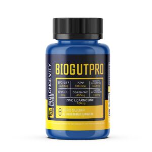 The World's Most Advanced Research Peptides and Bioregulators 26 BIOGUTPRO bottle with seven active ingredients including BPC-157, KPV, N Acetyl Larazotide, and others. Contains 60 vegetable capsules for research use only.