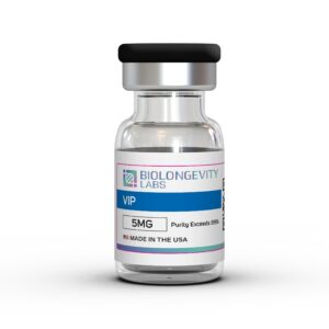 The World's Most Advanced Research Peptides and Bioregulators 62 Glass vial of Biolongevity Labs VIP, 5MG, with purity exceeding 99%, made in the USA.